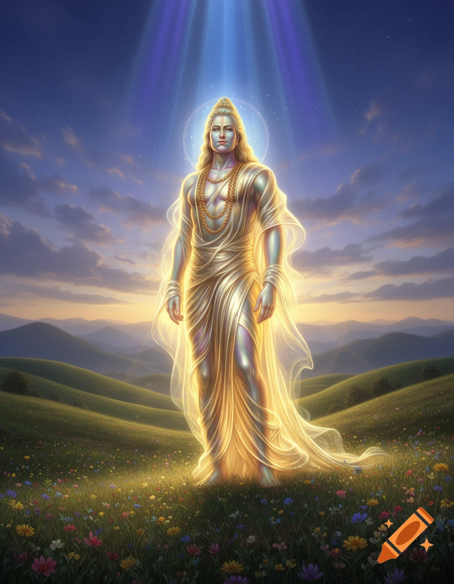 A radiant, god-like male figure with blue-tinted skin and golden robes stands in a field of wildflowers under a mystical sunset sky with light beams.