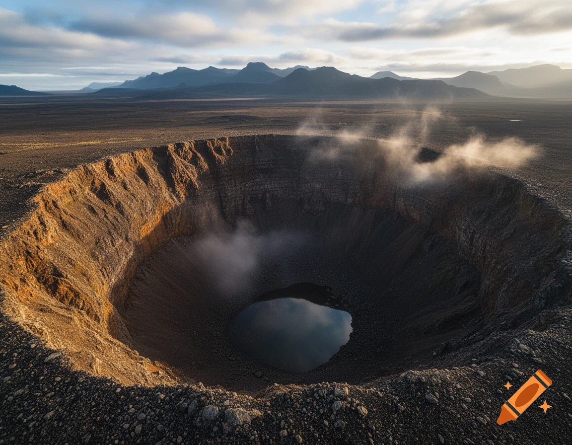 Aerial view of a giant volcanic crater with a dark lake and steam rising, surrounded by barren land and distant mountains under a cloudy sky.