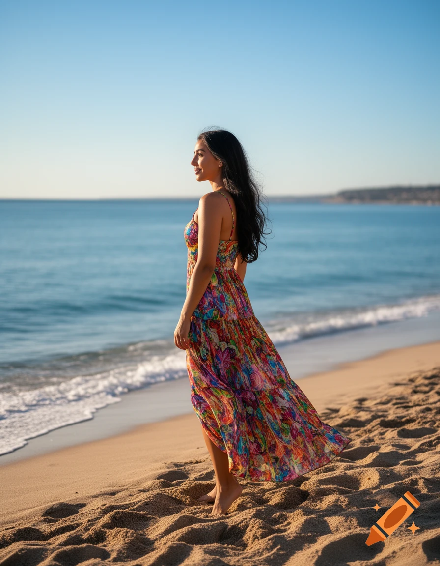 A woman in a colorful, flowing dress stands barefoot on a sandy beach, looking out at the calm blue ocean under a clear sky.