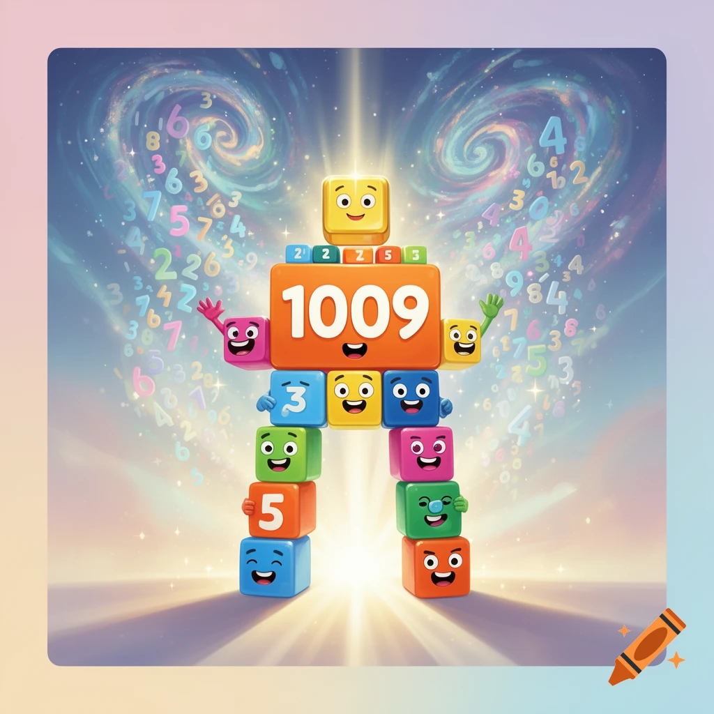 A colorful robot made of number blocks, with '1009' on its chest, surrounded by glowing, swirling numbers.