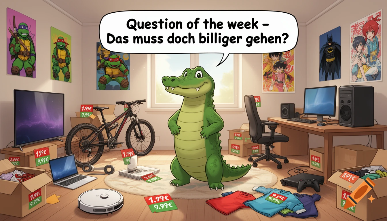 A smiling green cartoon crocodile in a room filled with consumer electronics and pop culture posters, asking "Question of the week - Das muss doch billiger gehen?"