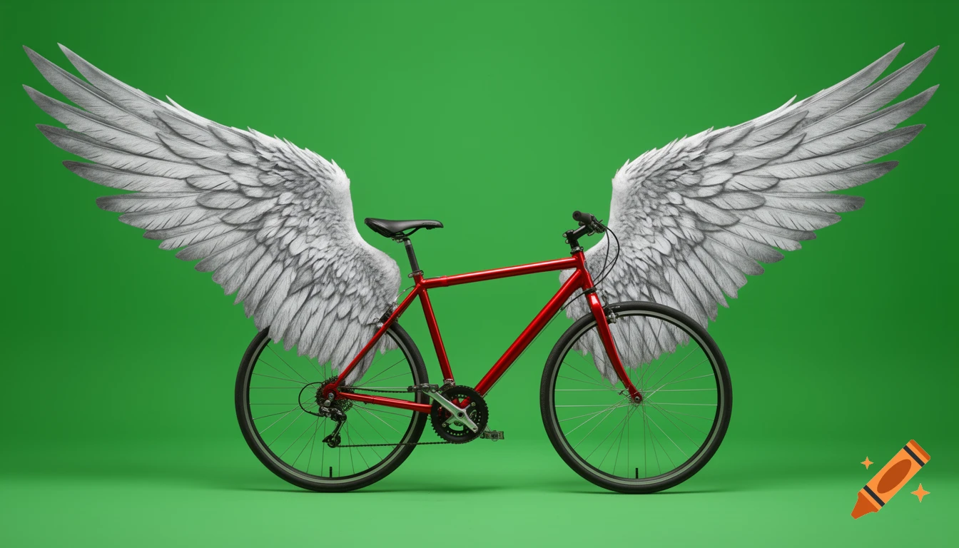 A red adult-sized bicycle with large white feathery wings stands on a plain green background, shown in a side view.