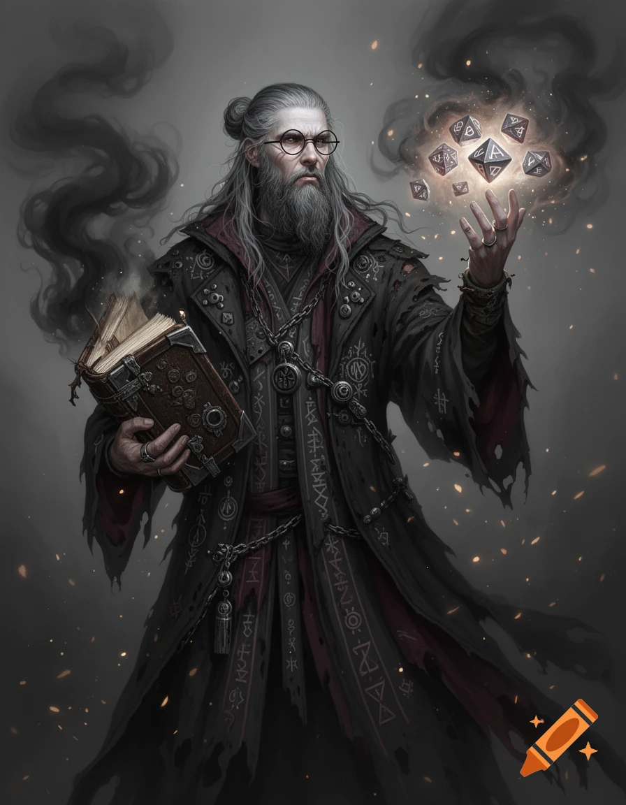 A gray-haired wizard with glasses, holding a mystical book and conjuring glowing polyhedral dice with his other hand, surrounded by dark smoke and sparkles in a dark, atmospheric style.