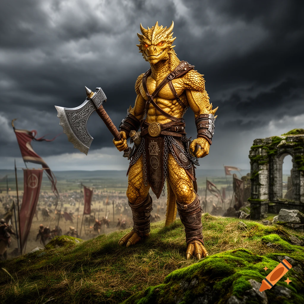 A gold Dragonborn barbarian with a battle axe stands on a grassy hill overlooking a battlefield under a stormy sky.