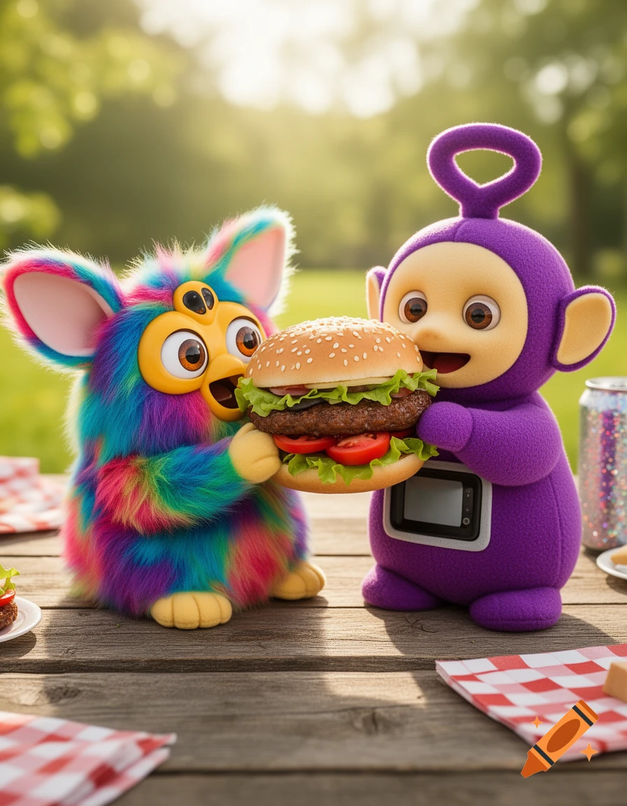 A colorful Furby and a purple Teletubby sitting at a wooden picnic table, holding a large burger together in a sunny outdoor setting.