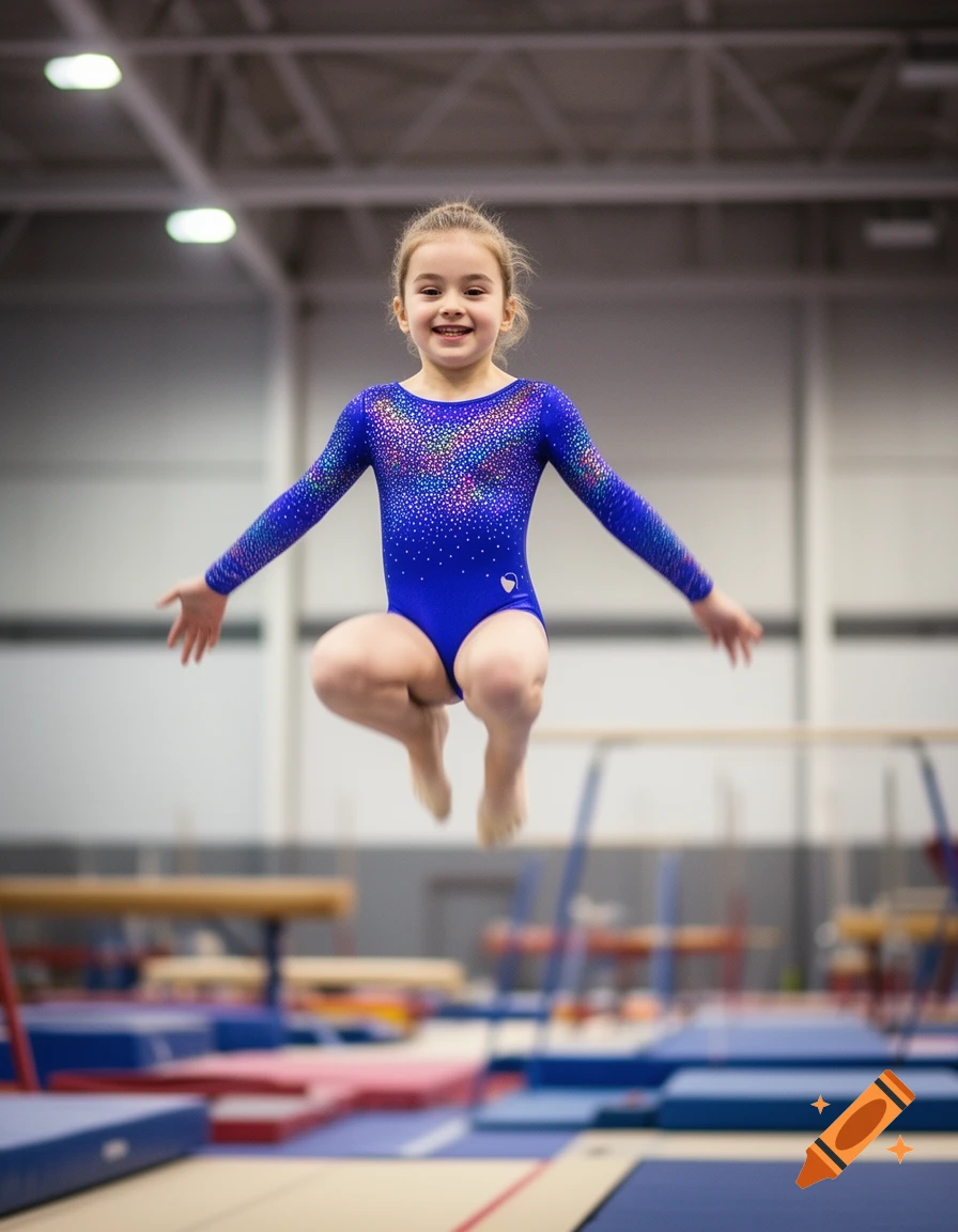 A young girl in a blue sparkly leotard jumps in a brightly lit gymnasium.