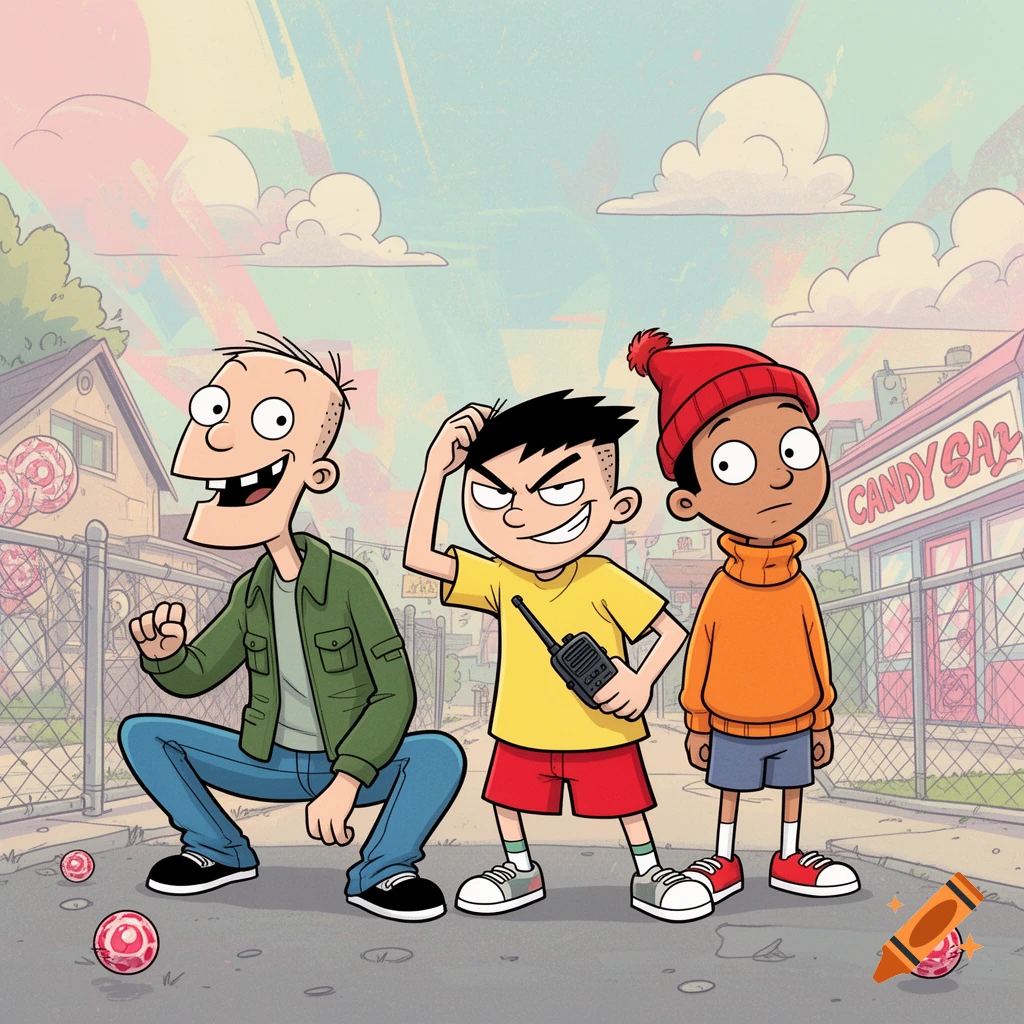 Three cartoon boys in an animated style, one crouching, one smirking with a walkie-talkie, in front of a candy shop.