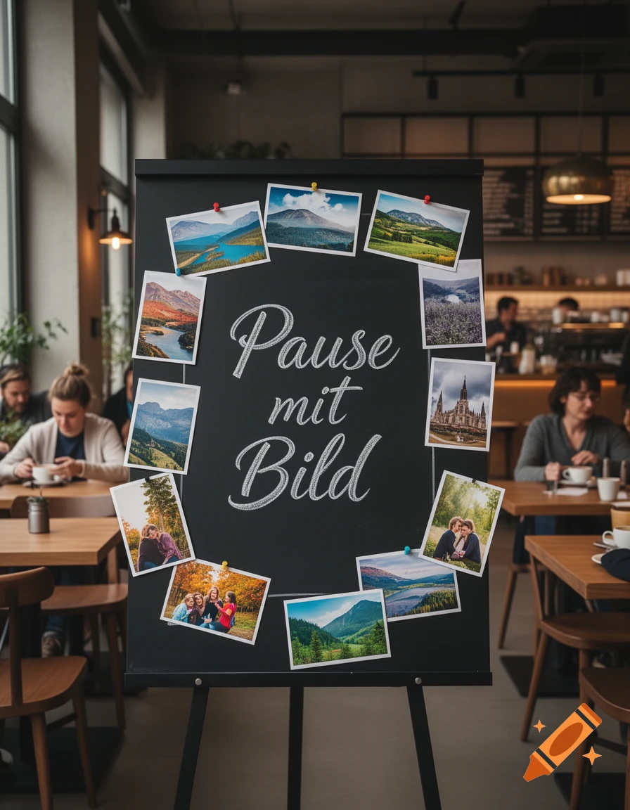 Photorealistic image of a chalkboard easel in a modern cafe, displaying 'Pause mit Bild' and numerous scenic landscape and portrait photos.