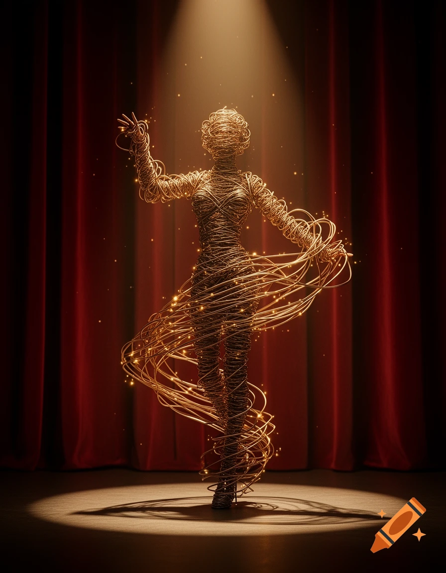 A glowing, abstract wire figure poses elegantly on a dark stage with red curtains under a bright spotlight.