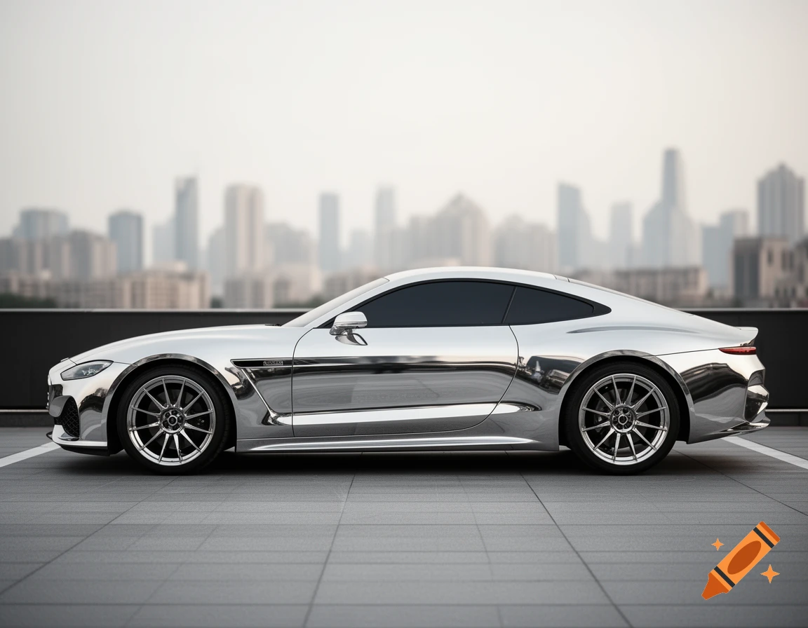 Photorealistic silver sports car parked on a rooftop with a blurred city skyline in the background, viewed from the side.