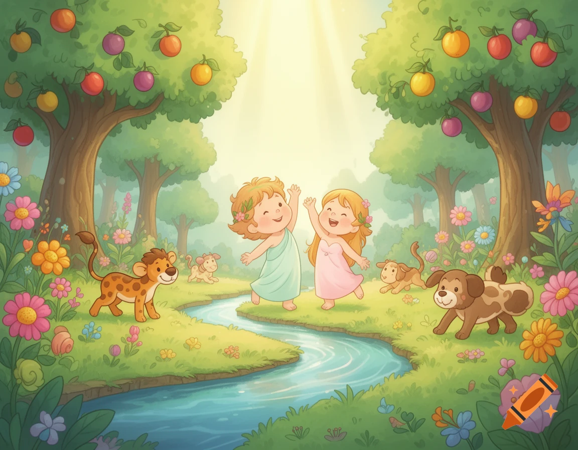 Cartoon illustration of two happy children playing with a lion cub and two dogs in a sunny, lush garden with a stream and fruit trees.