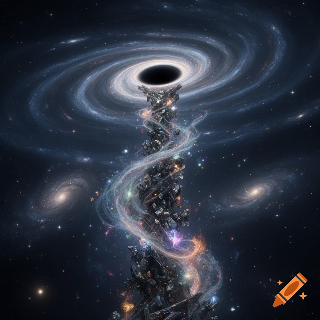 A swirling black hole with a bright accretion disk above an intricate cosmic totem, surrounded by nebulae, stars, and distant galaxies.