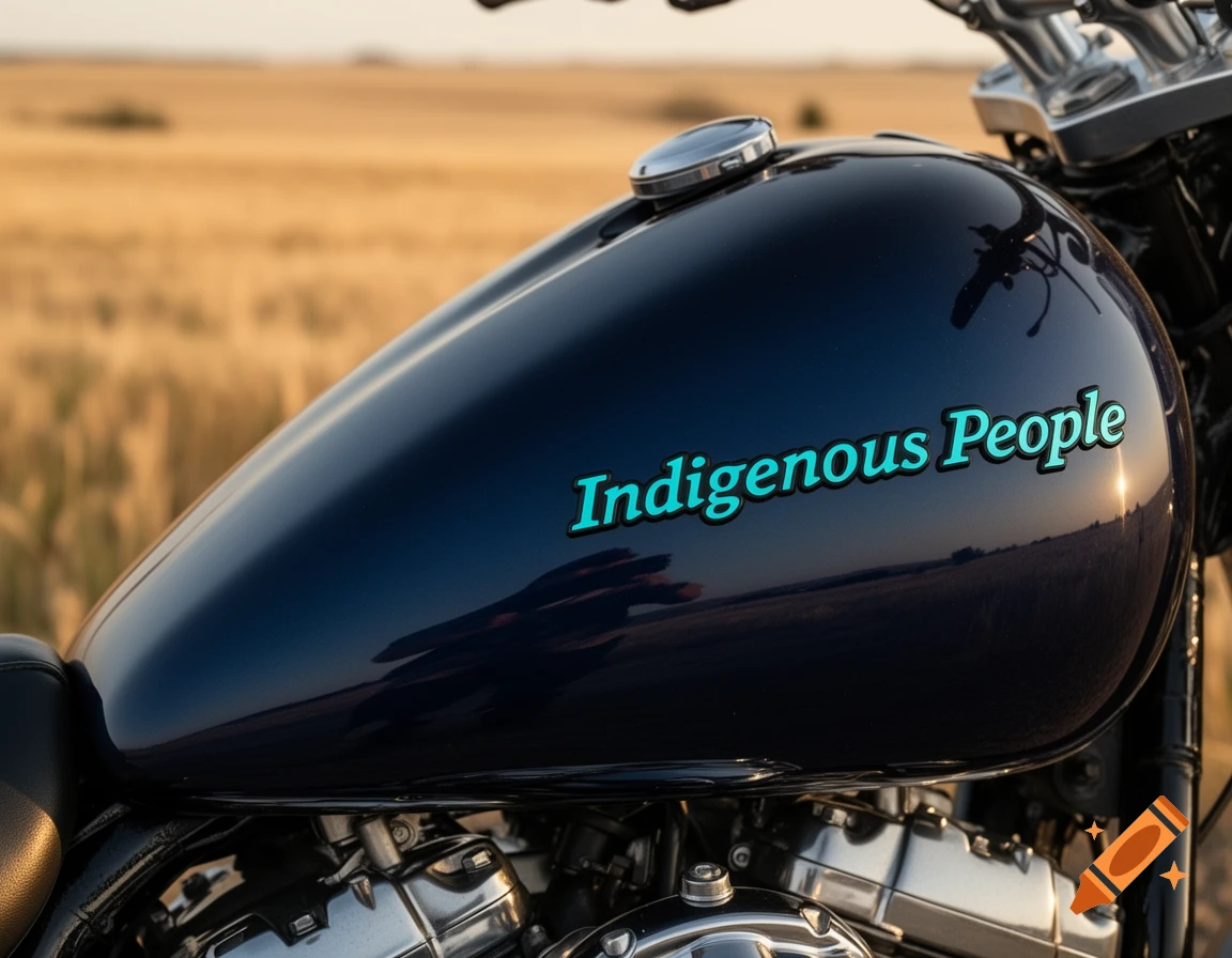 Close-up of a dark blue motorcycle gas tank with 'Indigenous People' in teal text, set against a blurred golden field at sunset.