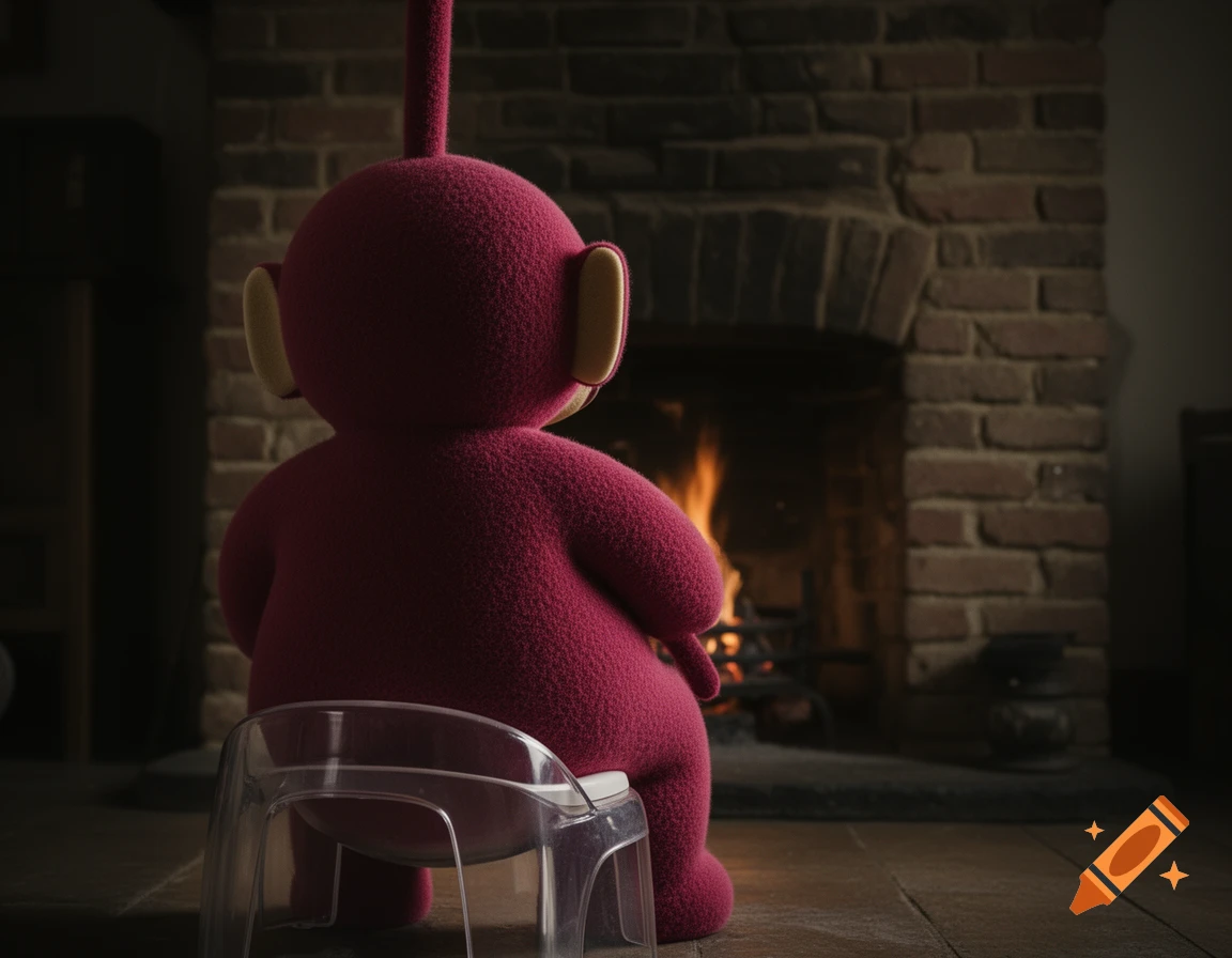 Hyperrealistic image of the red Teletubby Po sitting on a transparent chair, facing a lit fireplace in a moody room.