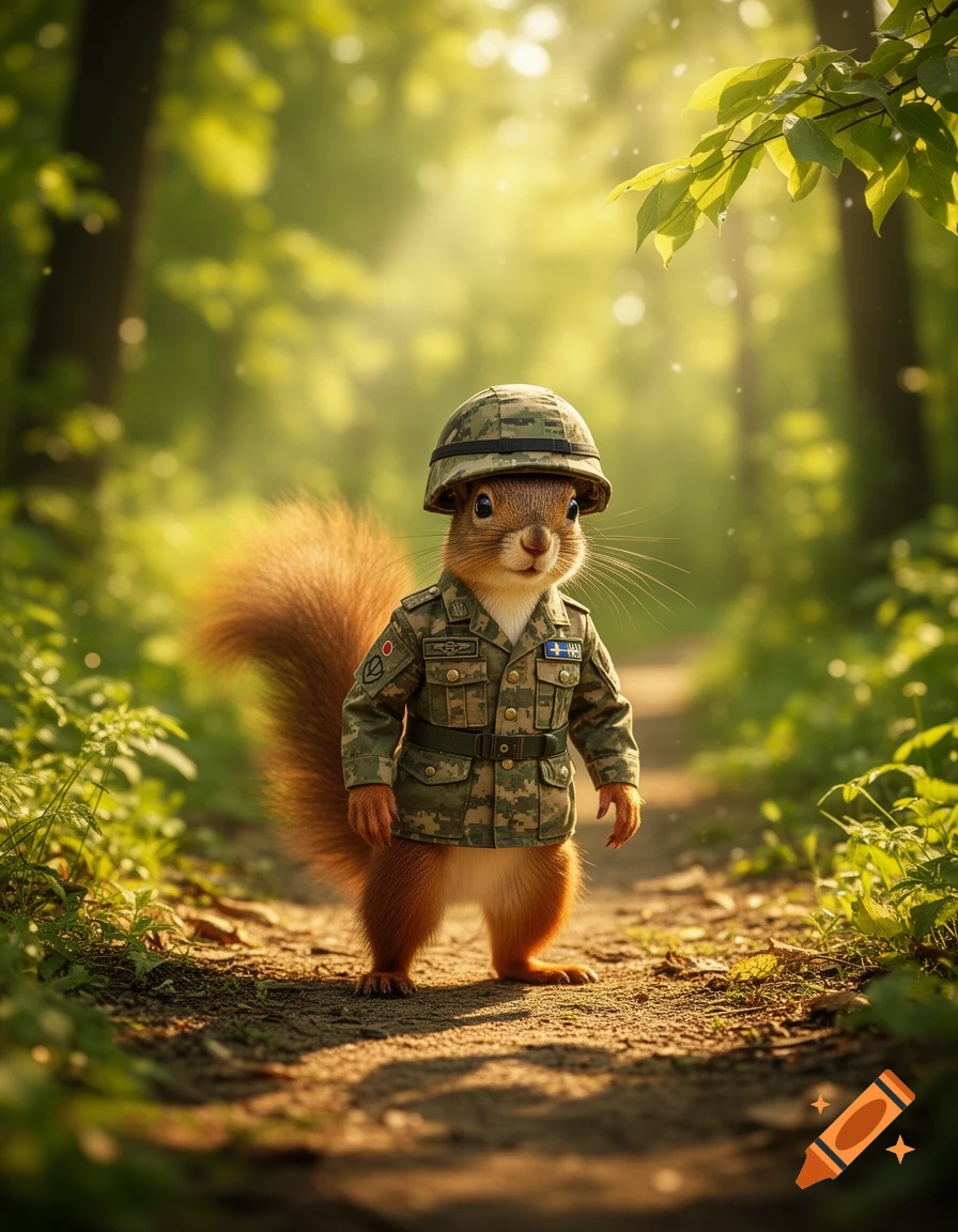 A photorealistic squirrel wearing a camouflage military uniform and helmet, standing on a dirt path in a sunlit forest.