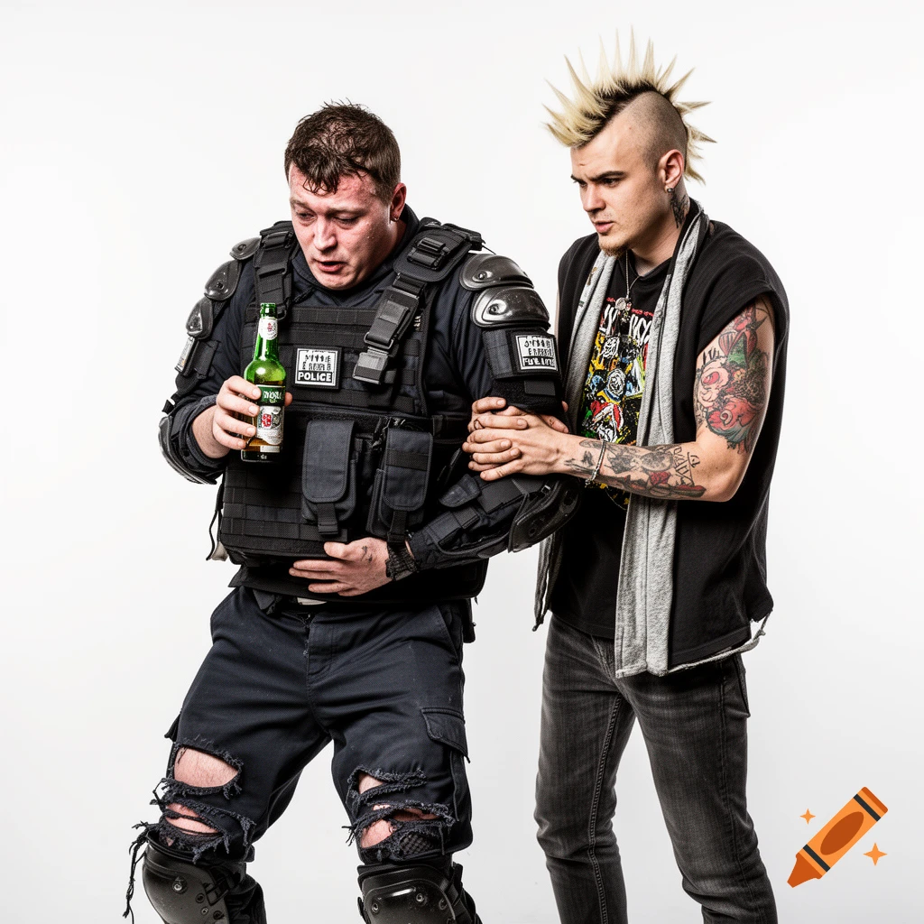 A drunk riot policeman in tactical gear with ripped pants, holding a beer, is supported by a punk with a mohawk against a white background.