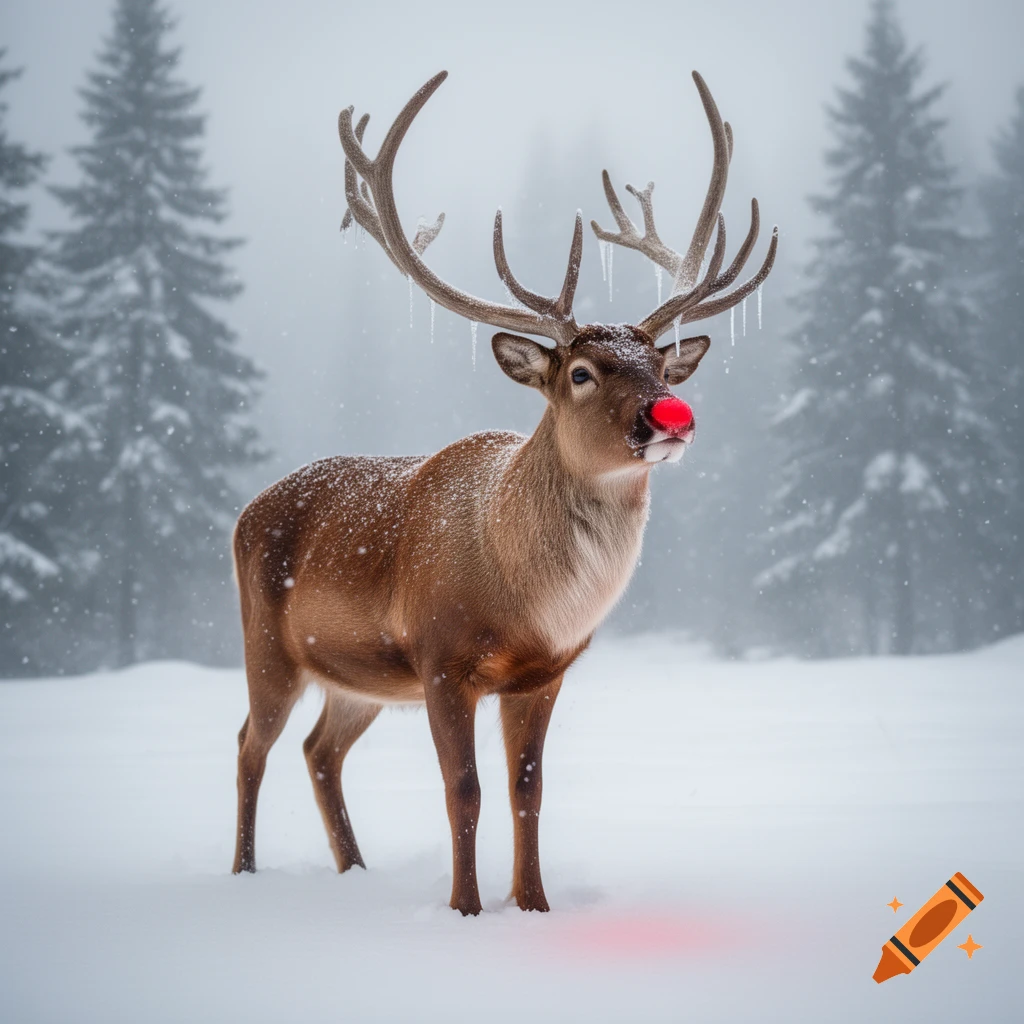 Photorealistic reindeer with a glowing red nose standing in a snowy forest during snowfall.