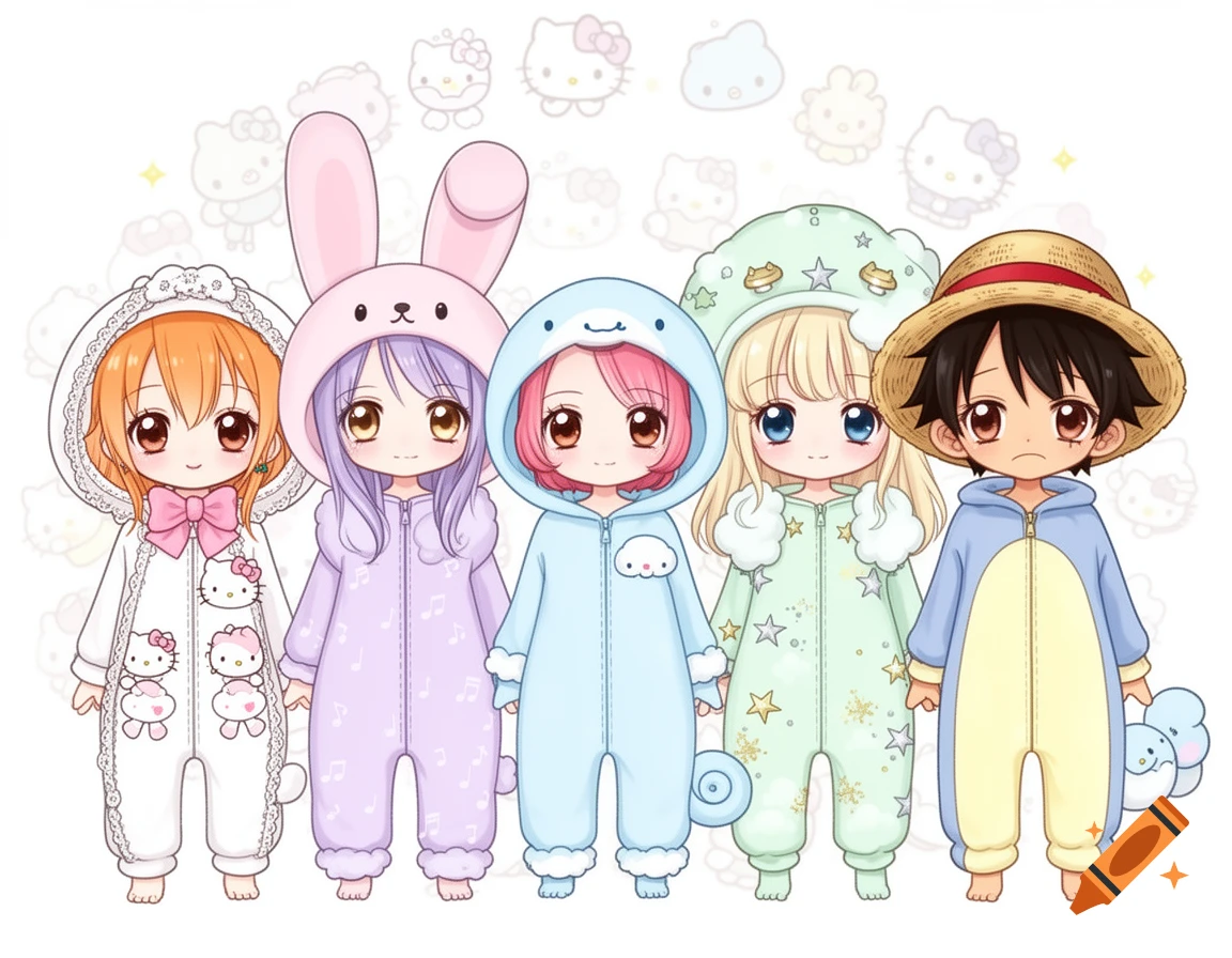 Five chibi anime characters, including a boy with a straw hat, in colorful animal-themed Sanrio onesies, against a white background with Hello Kitty heads.