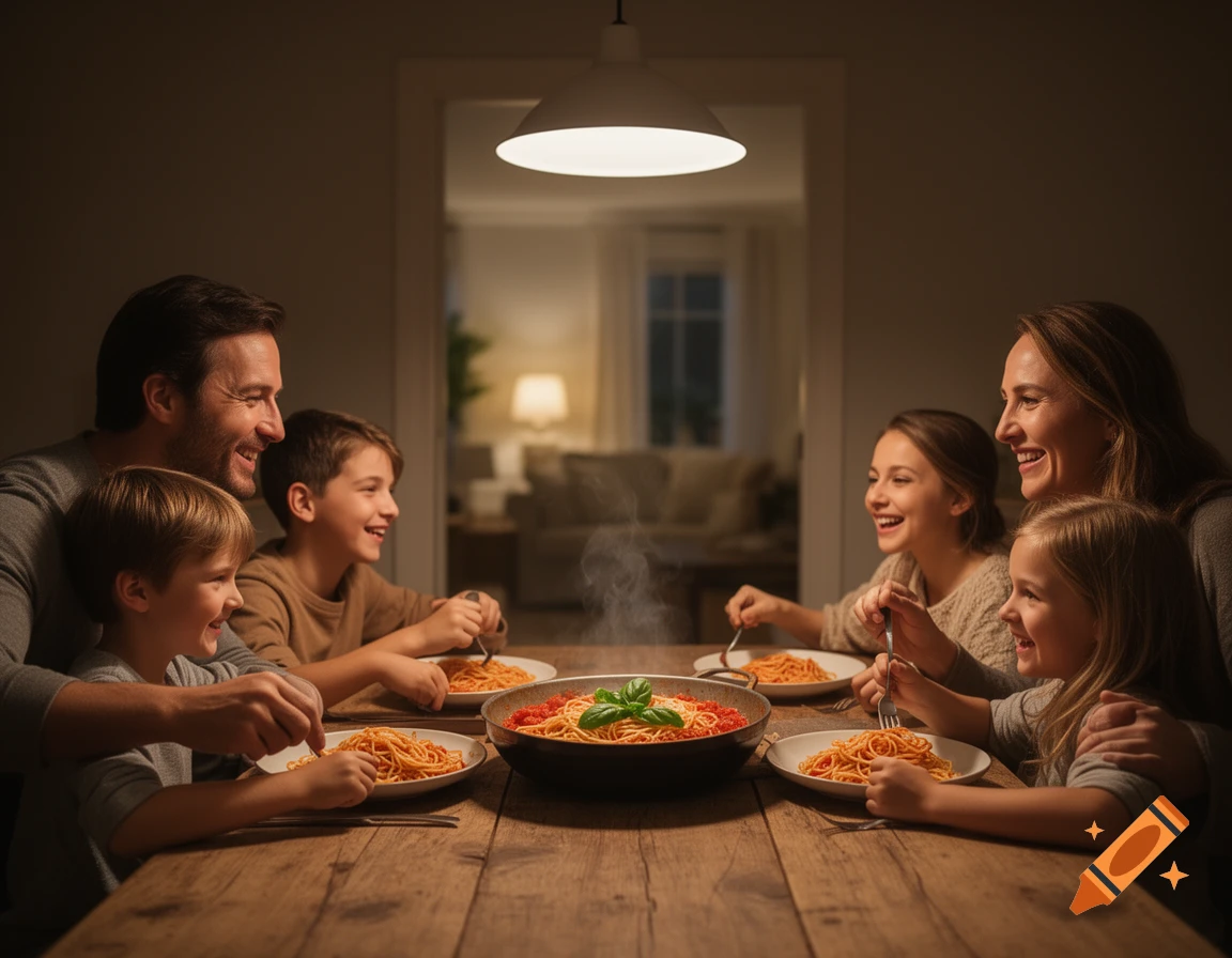 A smiling family of six gathers around a wooden table, illuminated by a hanging lamp, eating spaghetti from a pan and individual plates.