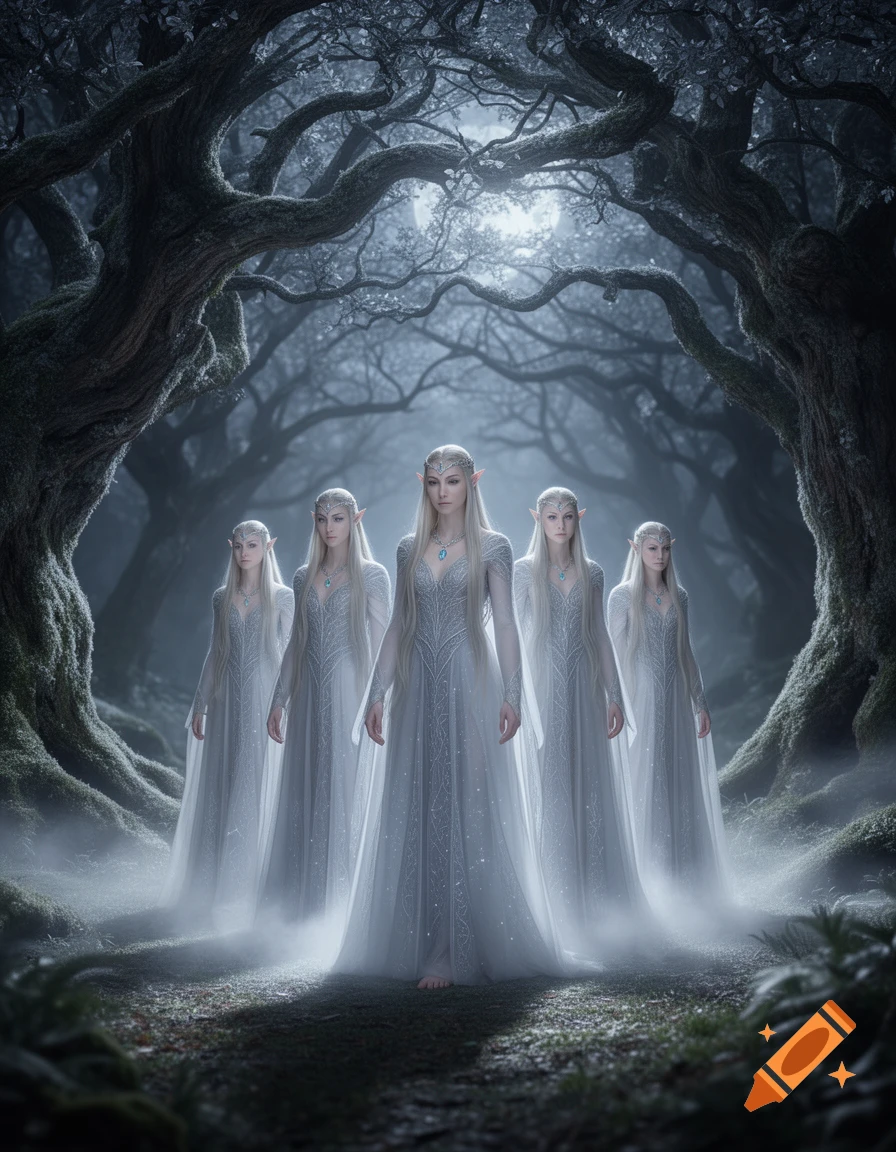 Five ethereal elves with long blonde hair and silver gowns stand barefoot in a misty, moonlit forest with gnarled trees, photorealistic style.