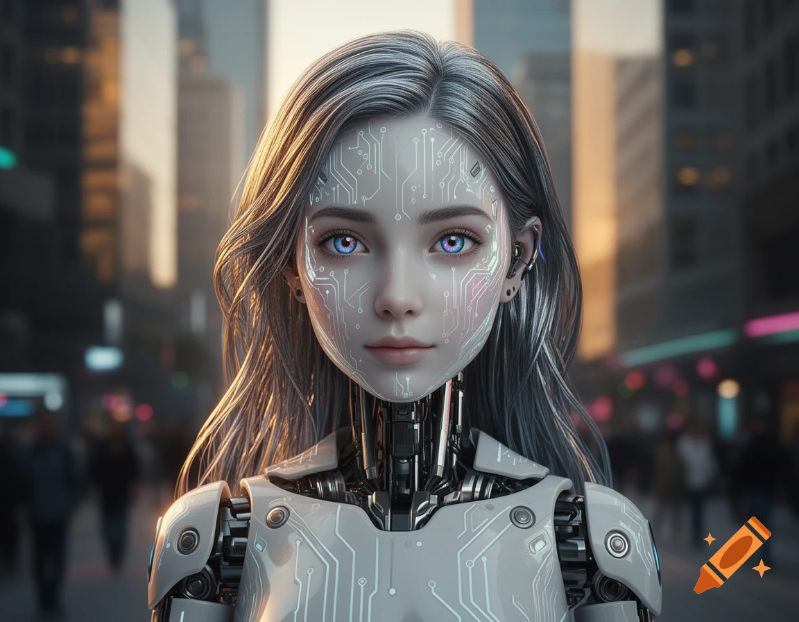 Photorealistic close-up of a female cyborg with glowing blue eyes and circuit patterns on her face, in a futuristic city.