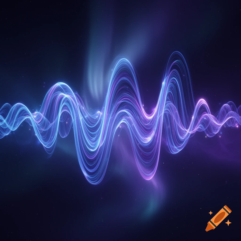 Vibrant blue and purple light waves undulate against a dark, starry background.