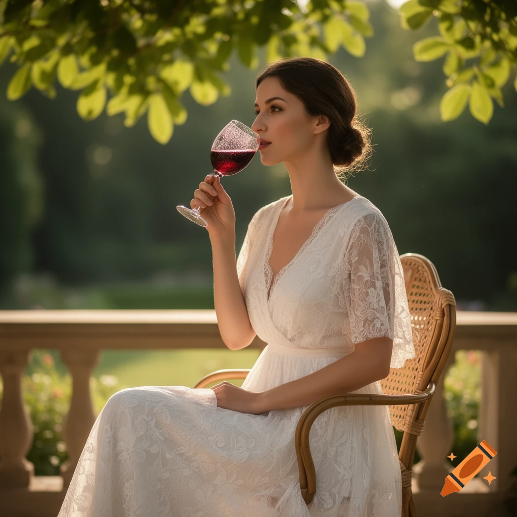 A woman in a white lace dress sips red wine on a patio, bathed in soft golden light under green leaves.