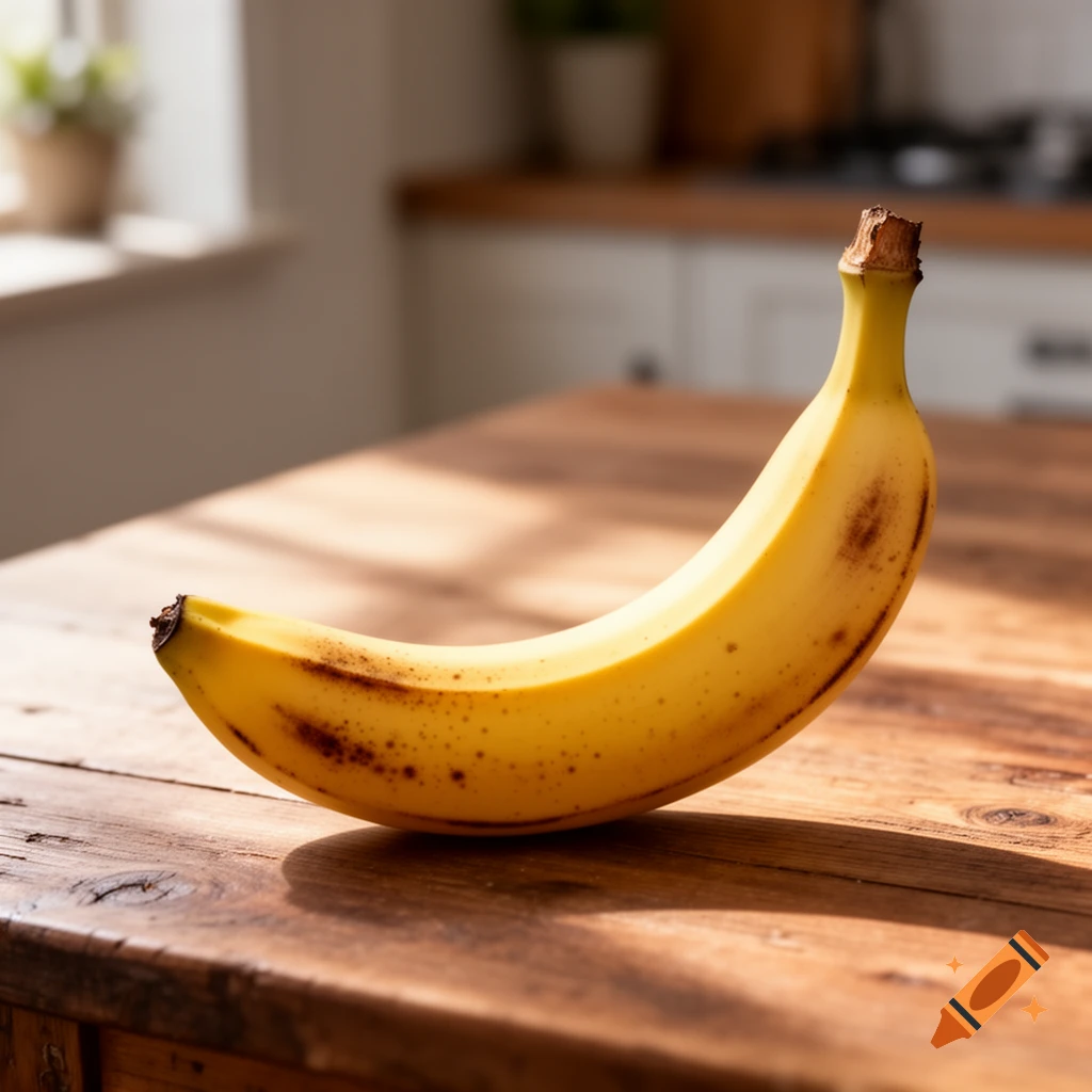 A ripe yellow banana with brown spots lies on a rustic wooden table in a sunlit kitchen.