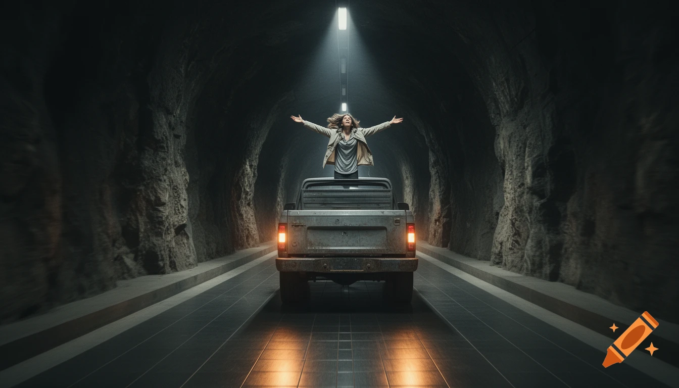 A person stands with arms spread in the back of a pickup truck driving through a dark tunnel, illuminated by lights. Photorealistic style.
