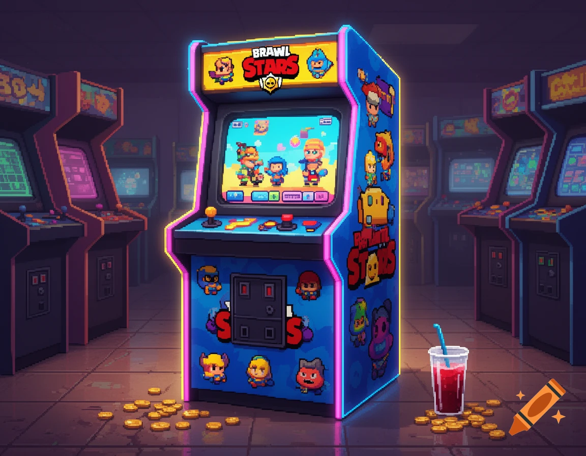 A pixel art arcade machine with Brawl Stars characters on its screen and side, surrounded by other arcade machines and coins on the floor.
