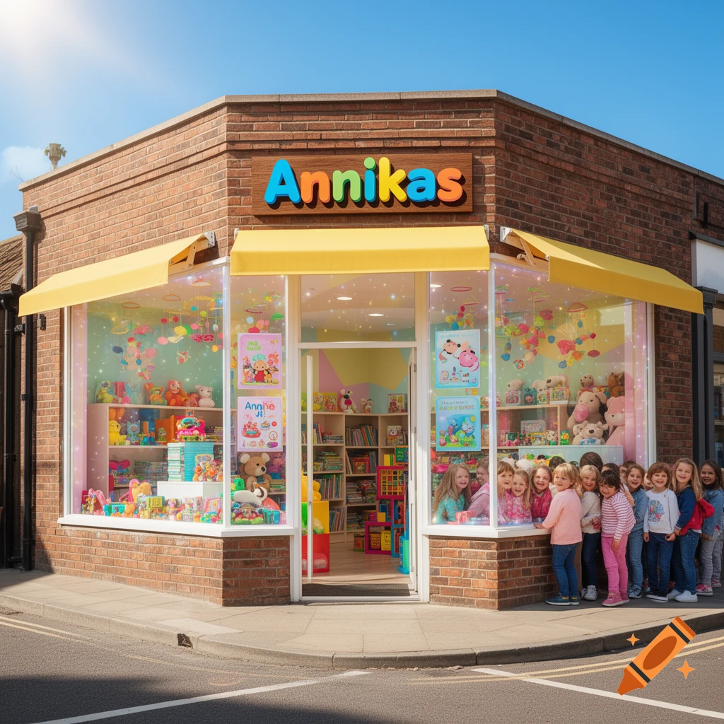 A photorealistic image of a colorful Annikas toy store with a yellow awning, children lined up outside, and toys visible in the windows.