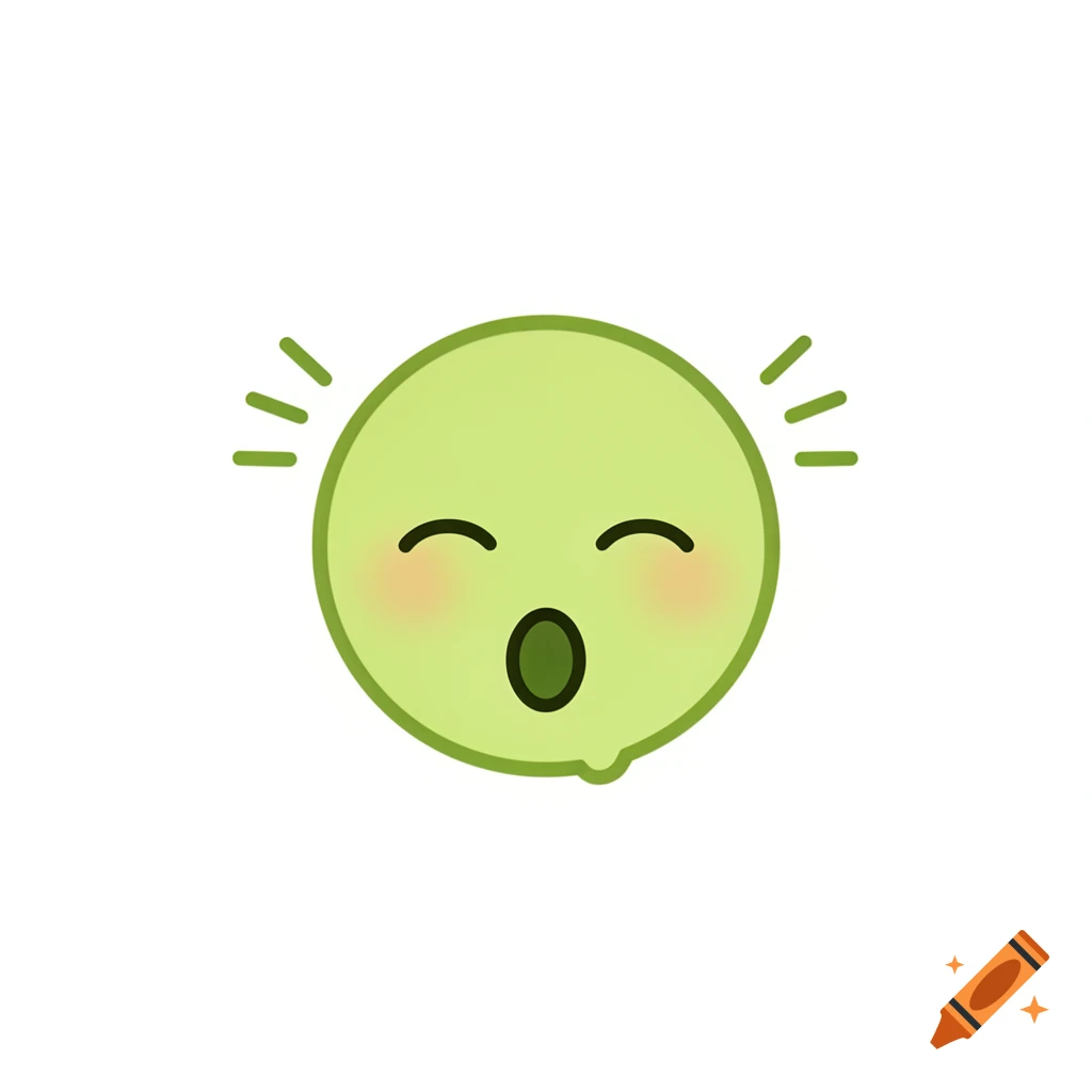 A cute green emoji with closed eyes, blush, an open mouth, a drop below it, and radial lines above its head.