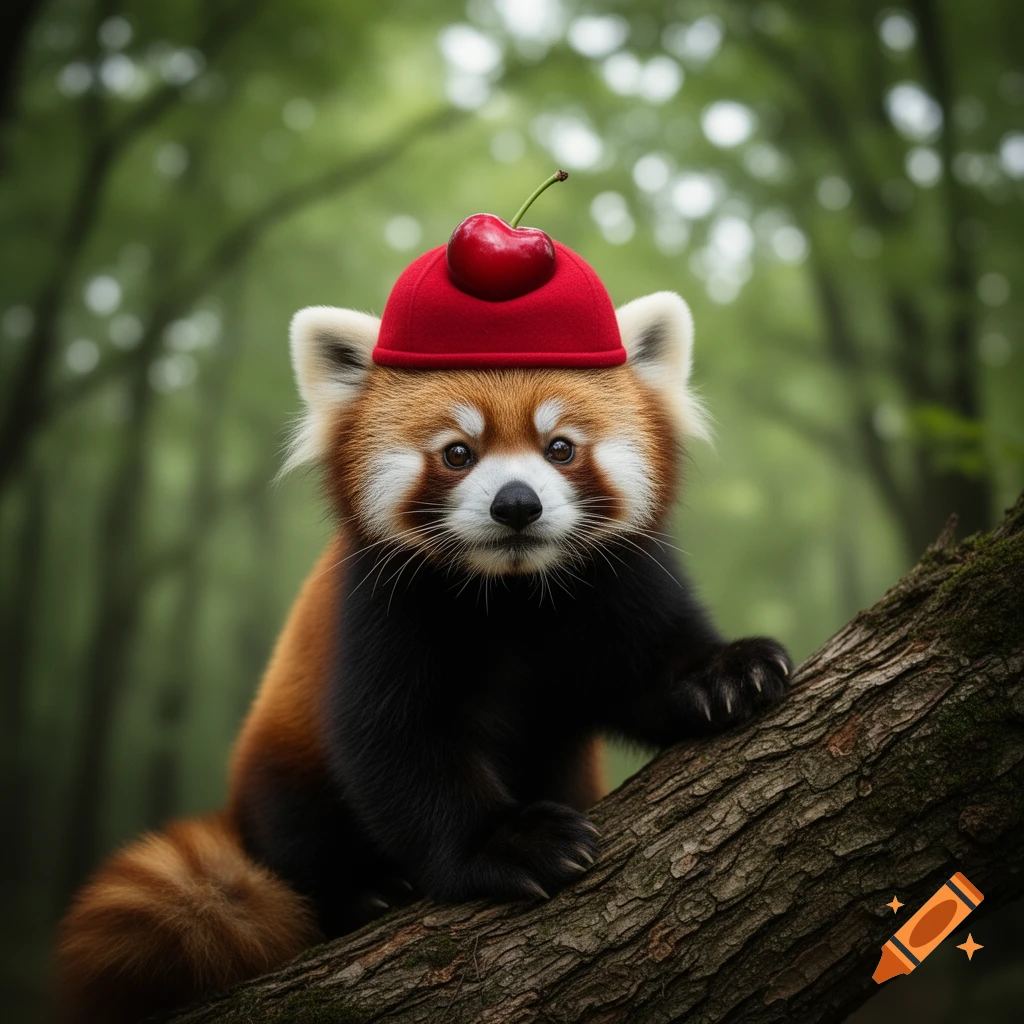 A photorealistic red panda wearing a red hat with a cherry on top, sitting on a tree branch in a forest.