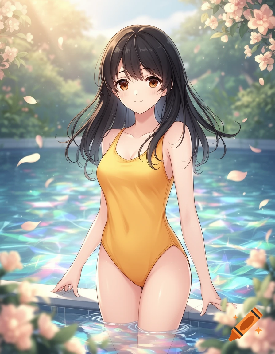 An anime girl with dark hair and brown eyes smiles while standing in a swimming pool, wearing a yellow swimsuit, surrounded by flowers.