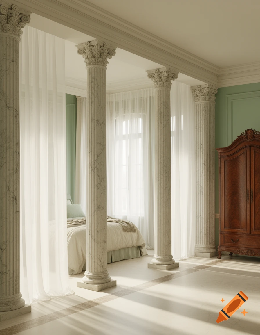 A bright bedroom with large marble columns, sheer white curtains, a bed, and a wooden wardrobe, bathed in natural light.