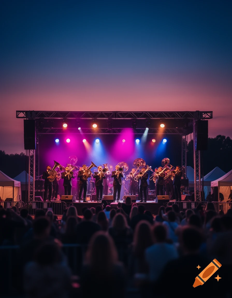 A brass orchestra performs on an outdoor stage at dusk, illuminated by vibrant pink and blue spotlights, with an audience in the foreground.