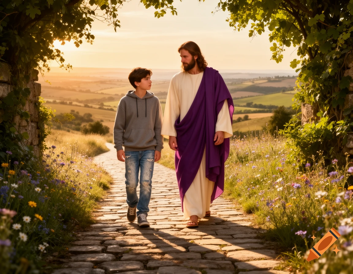 A boy and Jesus walk side-by-side on a cobblestone path through a flowery field at sunset.