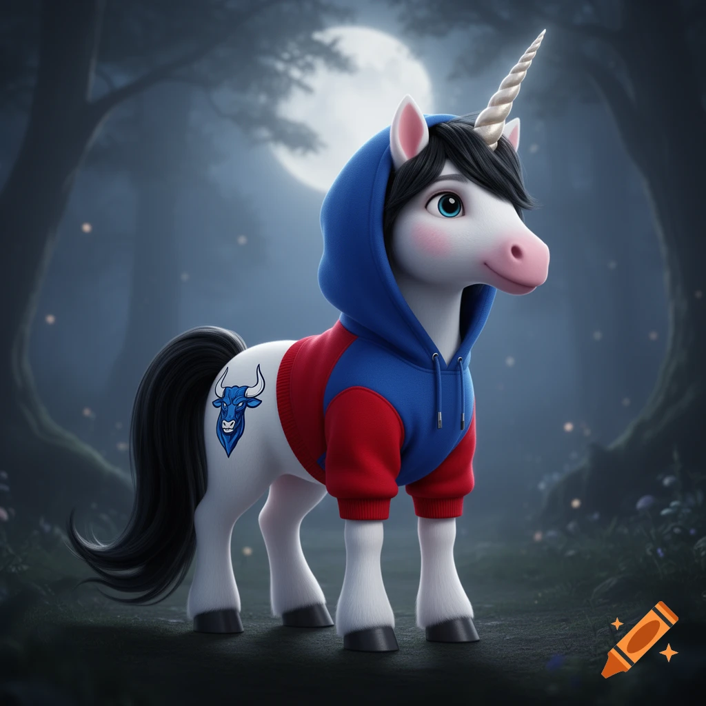 A 3D white unicorn with dark hair and a blue and red hoodie featuring a bull logo stands in a dark, moonlit forest.