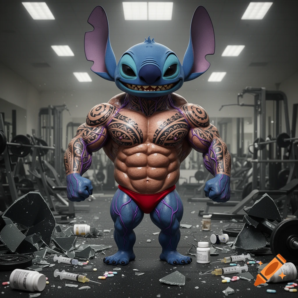 A massively muscular, tattooed Stitch bodybuilder in a red thong stands in a damaged gym surrounded by syringes and pill bottles.