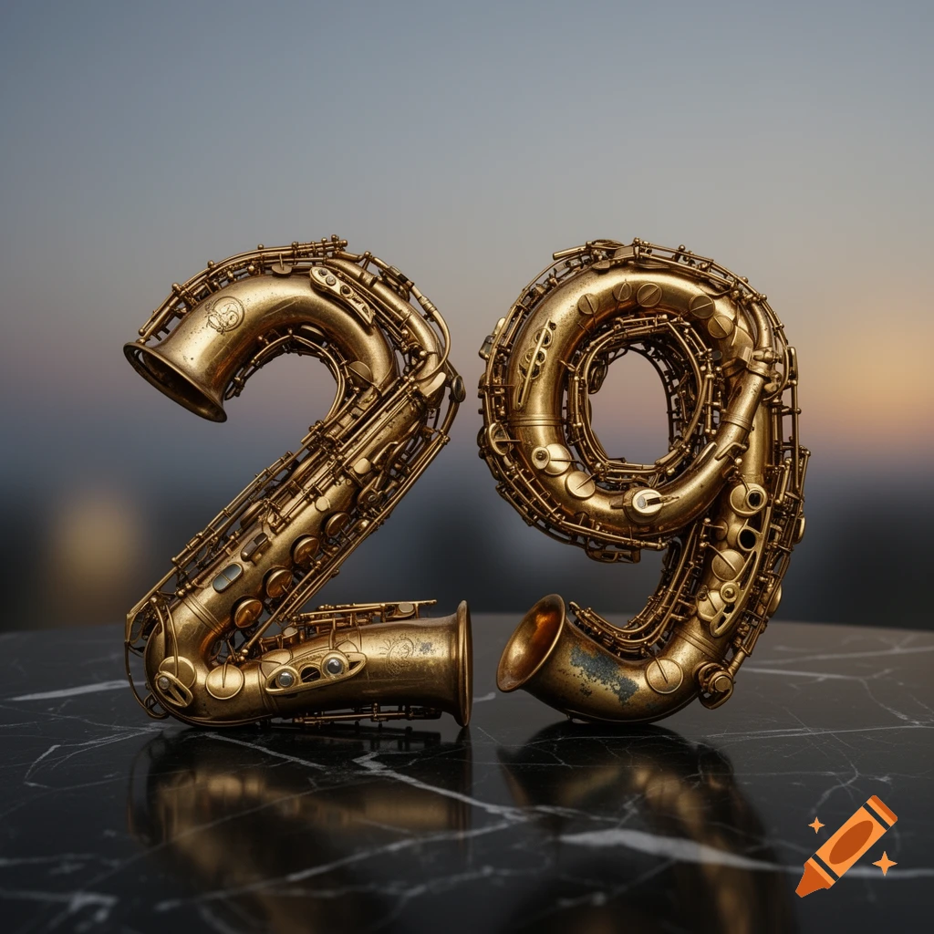 The number 29 is intricately crafted from golden saxophones, resting on a reflective black marble surface.