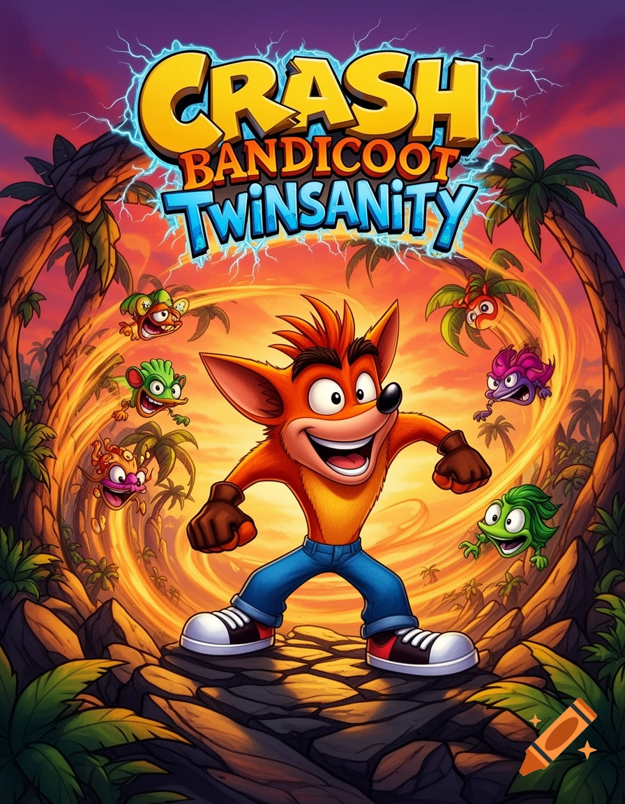 Crash Bandicoot smiles confidently in a vibrant jungle with a swirling vortex, small creatures, and the title 'Crash Bandicoot Twinsanity'.