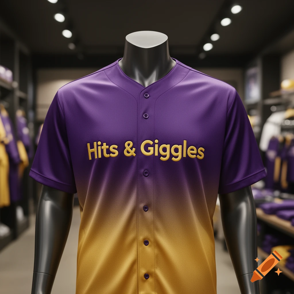 A purple and gold gradient baseball jersey with 'Hits & Giggles' printed in gold on the front, displayed on a mannequin in a store.