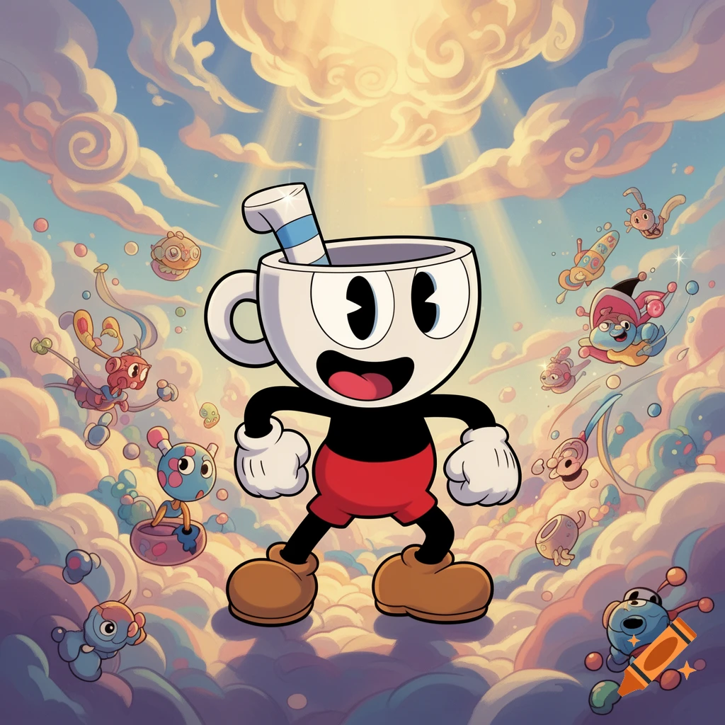 Cuphead, a cartoon character with a cup for a head, stands smiling amidst whimsical clouds and small, colorful creatures.