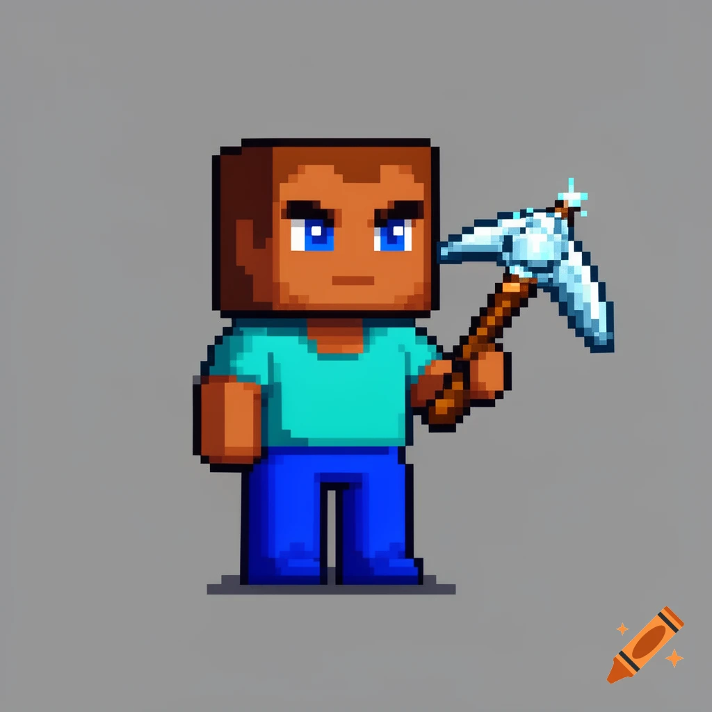 A pixel art character, resembling Minecraft's Steve, with brown skin, blue eyes, a turquoise shirt, and blue pants, holds a diamond pickaxe.
