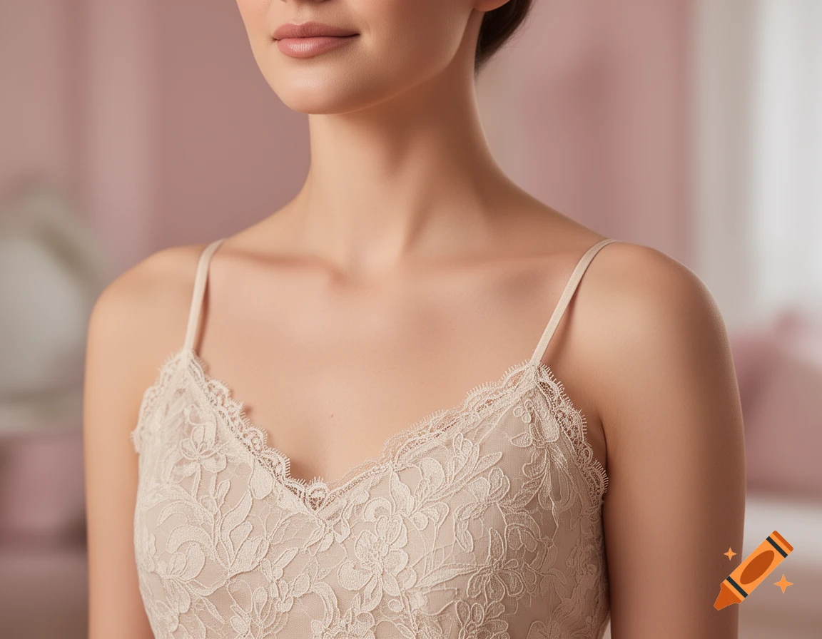 Close-up of a woman's chest and neck, wearing a delicate, lacy, beige camisole, photorealistic.