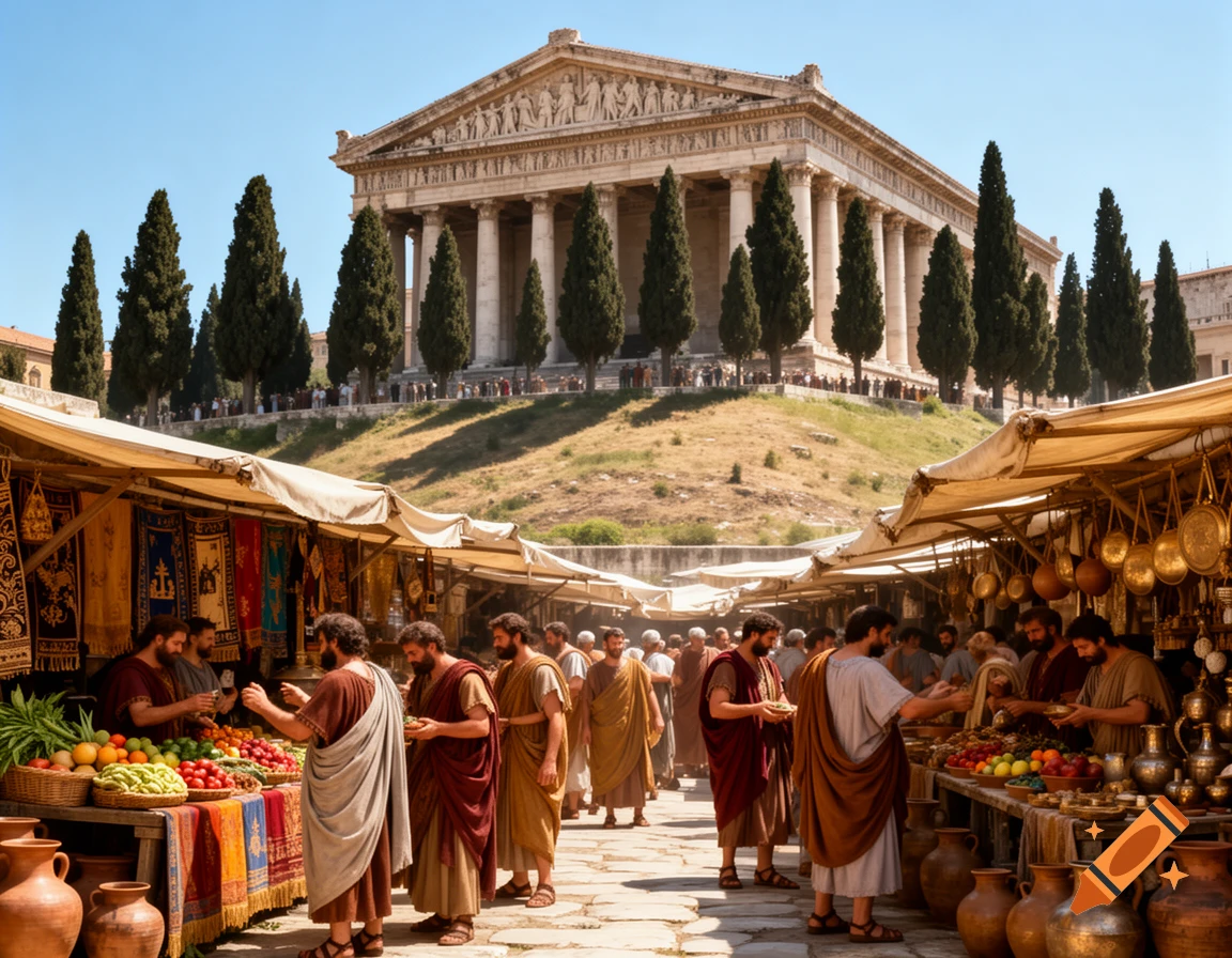 A bustling ancient Roman market with toga-clad people browsing stalls of produce and goods, and a grand classical building on a hill.