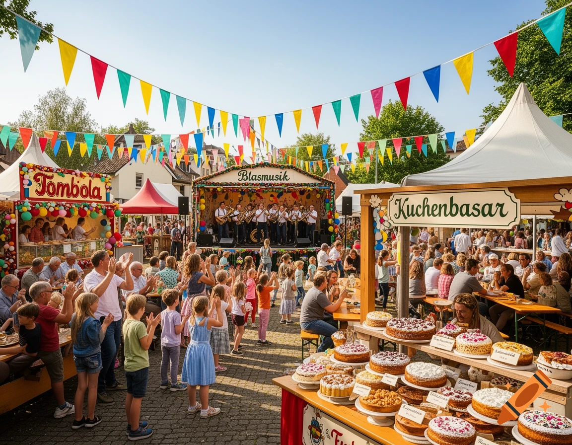 A photorealistic image of a lively village festival with people enjoying live brass music, cake stands, and a tombola booth.