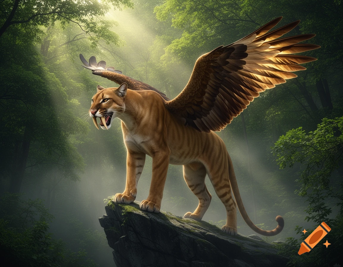 A majestic saber-tooth cougar with large eagle wings stands on a mossy rock in a sunlit, misty forest.