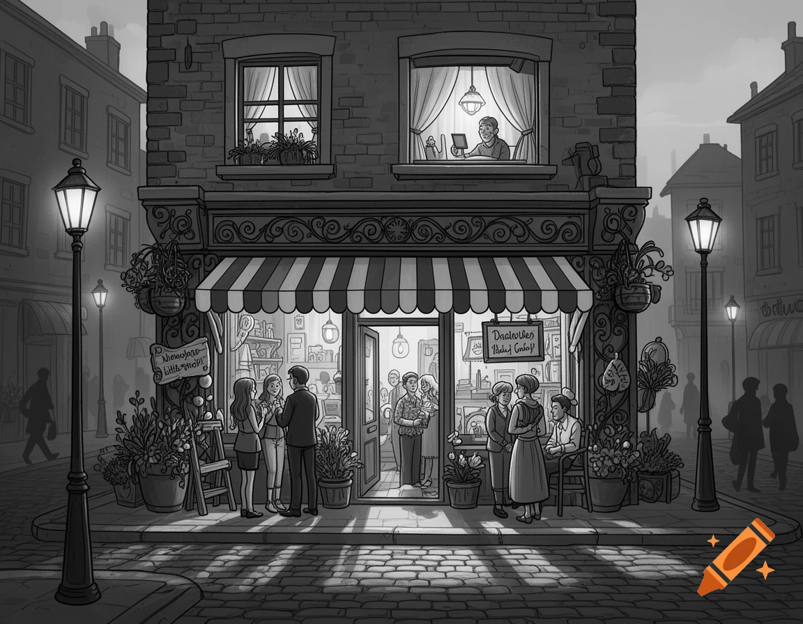 A detailed black and white illustration of a street scene, with people interacting outside a shop and someone visible in an upstairs window.