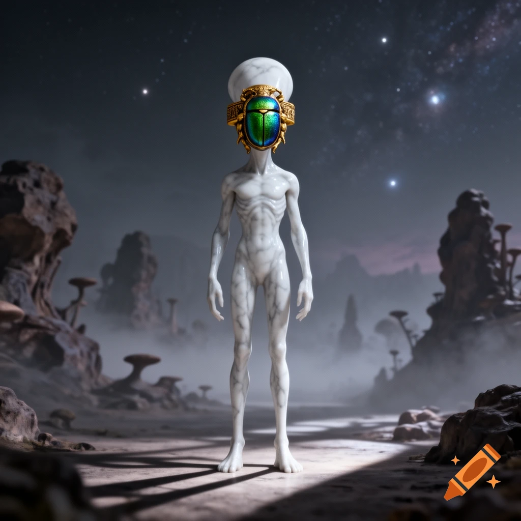 A white, skeletal alien with an iridescent green and gold scarab beetle on its head stands on a misty alien planet under a starry sky.